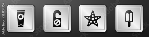 Set Sunscreen cream in tube, Please do not disturb, Starfish and Ice cream icon. Silver square button. Vector.