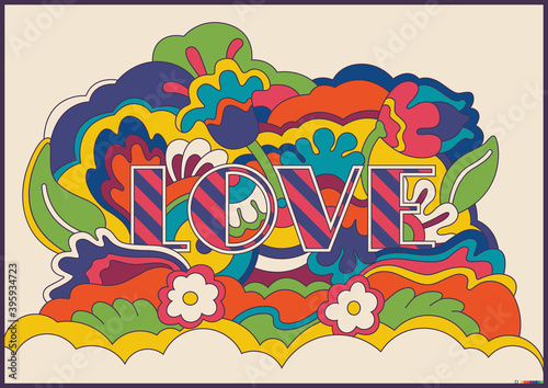 Love Illustration Hippie Art Style Psychedelic Colors, Flowers