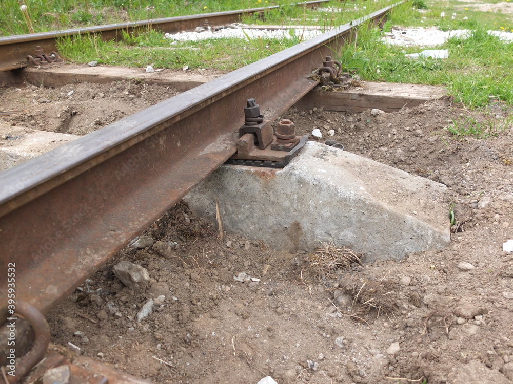 Fototapeta premium Railroad way track repair installation. Railroad on the concrete sleepers.