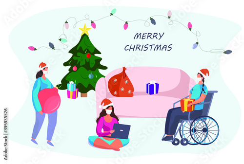 Characters in Medical Mask Celebrating Christmas Online Online during Quarantine.Christmas Party in Covid 19.Winter Holidays in Coronavirus.Online Conferense in Quarantine.Vector Illustration photo