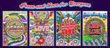 Love and Peace Hippie Style Posters, Psychedelic Color Mosaic Illustrations