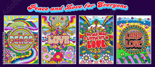 Платно Love and Peace Hippie Style Posters, Psychedelic Color Mosaic Illustrations