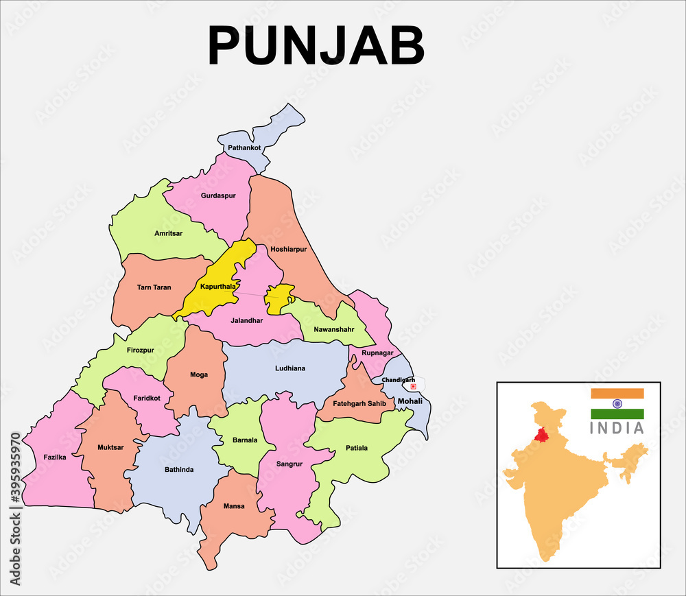 Obraz Punjab map. International and State boundary and district