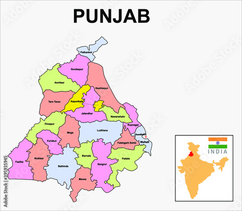 Punjab map. International and State boundary and district boundary of Punjab. Vector illustration of districts map.