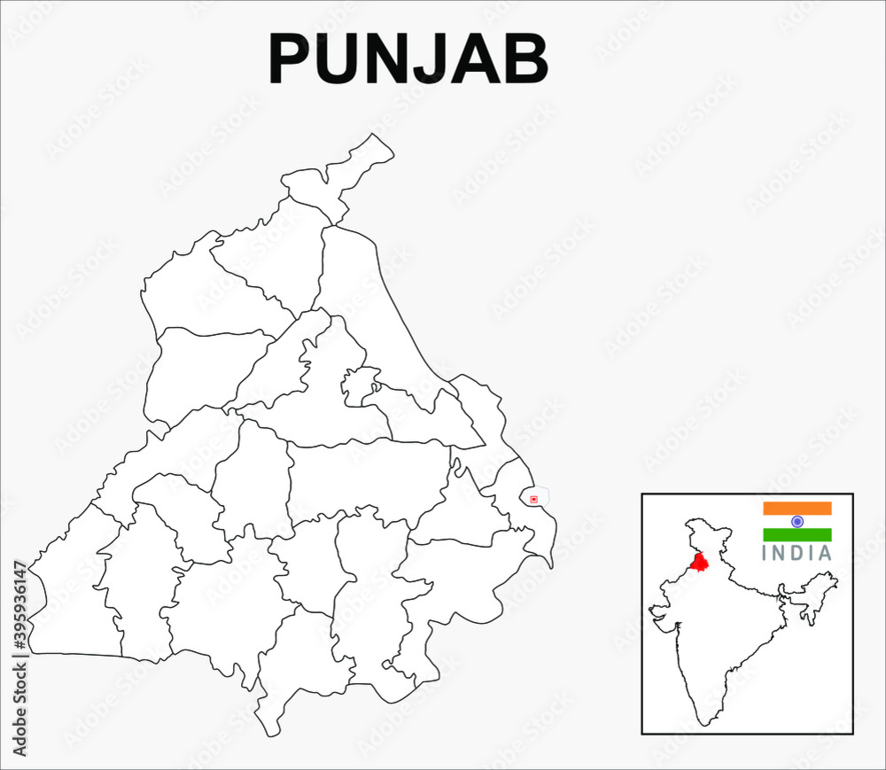 Punjab map. Political and administrative map of Punjab with districts name. Showing