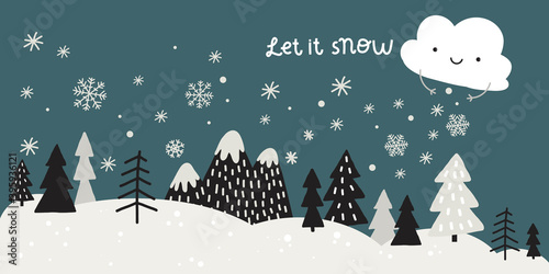 vector cloud and snow falls on forest, christmas winter card, background