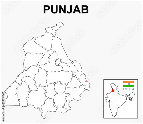 Punjab map. Political and administrative map of Punjab with districts name. Showing International and State boundary and district boundary of Punjab. Vector illustration of districts map.