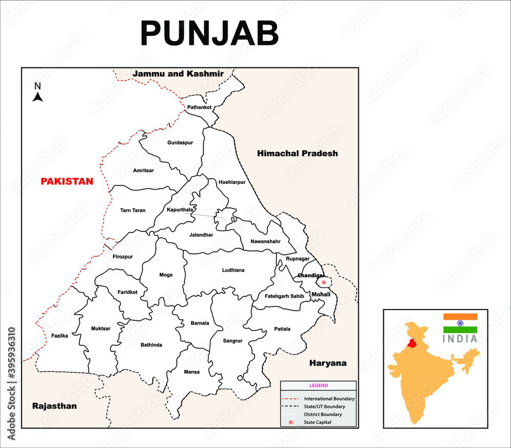 Punjab map. Political and administrative map of Punjab with districts