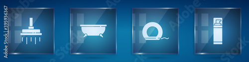 Set Shower head, Bathtub, Dental floss and Shaving gel foam. Square glass panels. Vector.