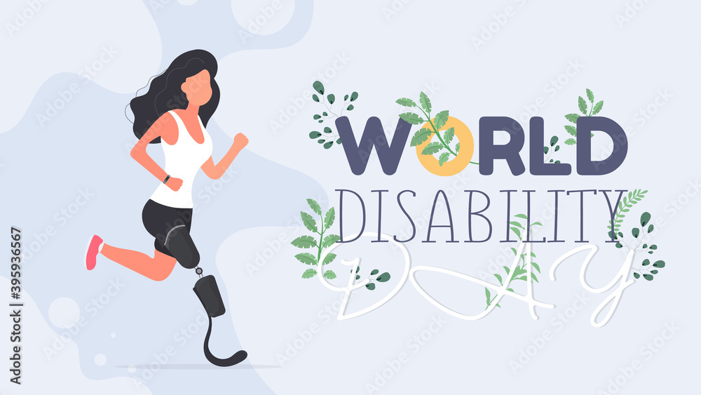 World disabled day. International Day of Persons with Disabilities. A girl with a prosthetic leg is running. Vector illustranion.