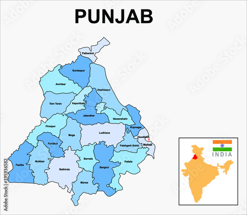 Punjab map. Political and administrative map of Punjab with districts name. Showing International and State boundary and district boundary of Punjab. Vector illustration of districts map.