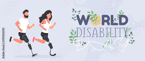 A man and a woman with a prosthetic leg are running. World Day of Persons with Disabilities. International Day of Persons with Disabilities. Vector illustranion.