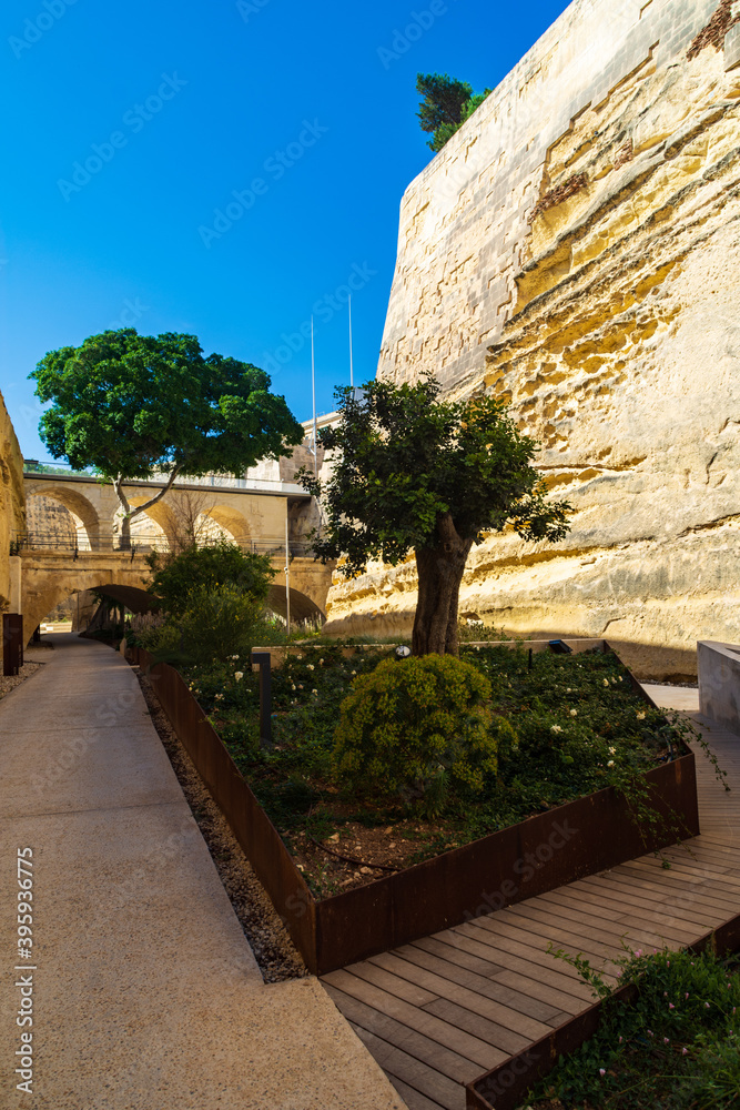 Valletta, Malta - The Railway & City Gate bridges viewed from the Laparelli Garden inside the Valletta Ditch.