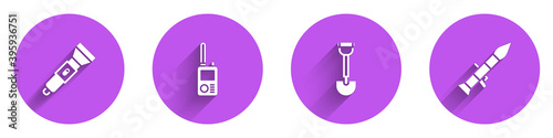 Set Flashlight, Walkie talkie, Sapper shovel and Rocket launcher icon with long shadow. Vector.