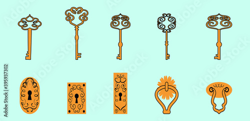 set of keys and door knocker cartoon icon design template with various models. vector illustration isolated on blue background