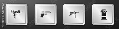 Set UZI submachine gun, Pistol or, Submachine M3 and Hand smoke grenade icon. Silver square button. Vector. photo