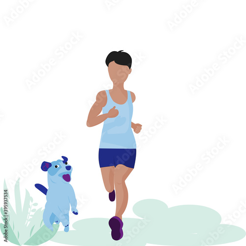 Cartoon young sport man wearing sportswear is jogging. Strong boy running outdoor with cute blue cat and dog on white background . Vector isolate flat design concept for healthy ,exercise, workout.