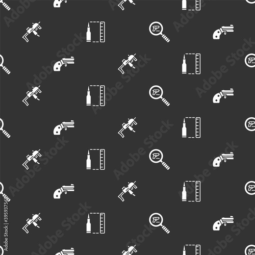 Set Pistol or gun search, Small revolver, MP9I submachine and Bullet on seamless pattern. Vector. photo