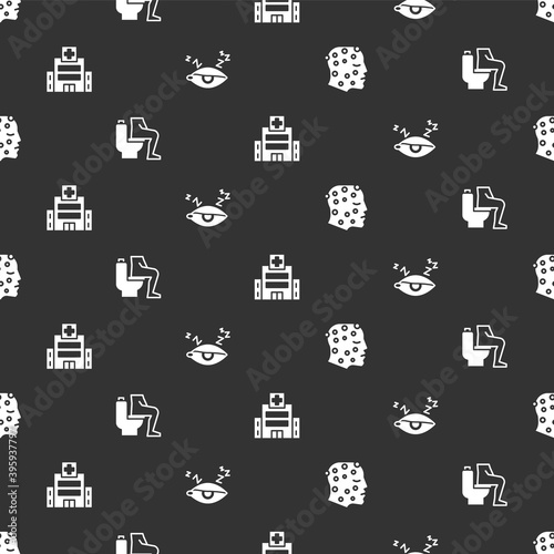 Set Psoriasis or eczema rash, Constipation, Medical hospital building and Insomnia on seamless pattern. Vector.