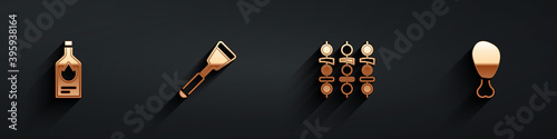 Set Tabasco sauce, Spatula, Grilled shish kebab and Chicken leg icon with long shadow. Vector.