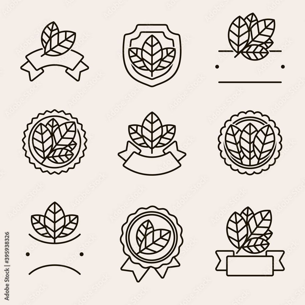 Tobacco leaf label and icons set. Collection icon tobacco. Vector Tobacco leaf label and icons set. Collection icon tobacco. Vector