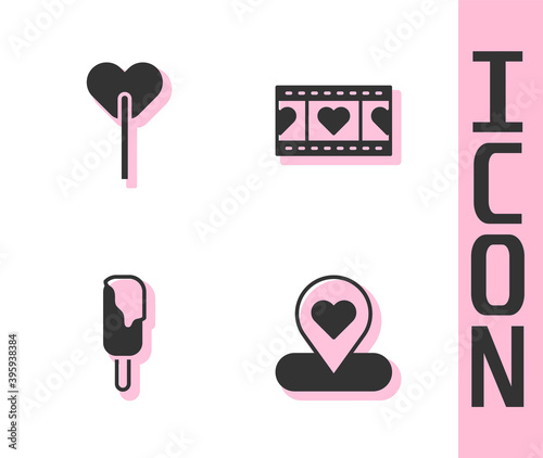 Set Location with heart, Lollipop, Ice cream and Play Video icon. Vector.