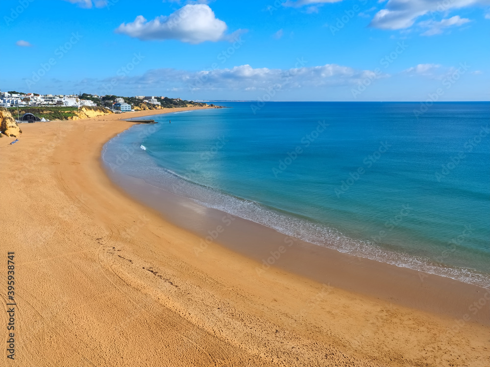 Aerial view of the long beach in Albufeira in Portugal