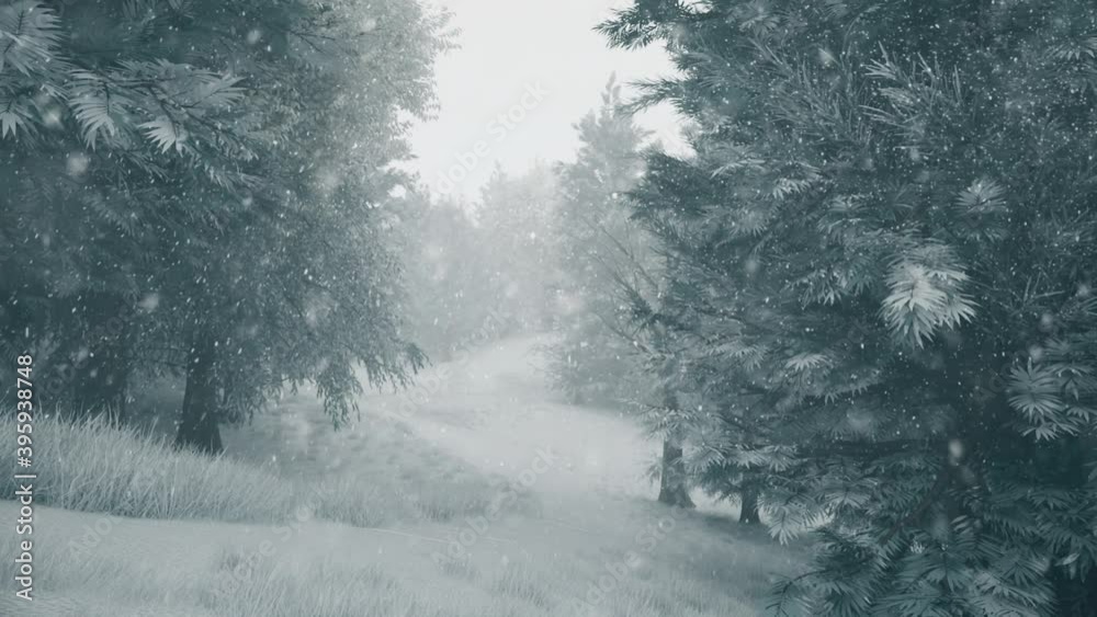 Winter snowfall in the forest, gentle lovely snowy Christmas morning with falling snow. Winter landscape. Christmas background. Snow covered trees. Fog. Ultra realistic 3d seamless loop animation