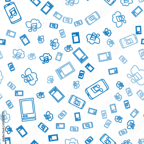 Set line Voice assistant, Music player and Music streaming service on seamless pattern. Vector.