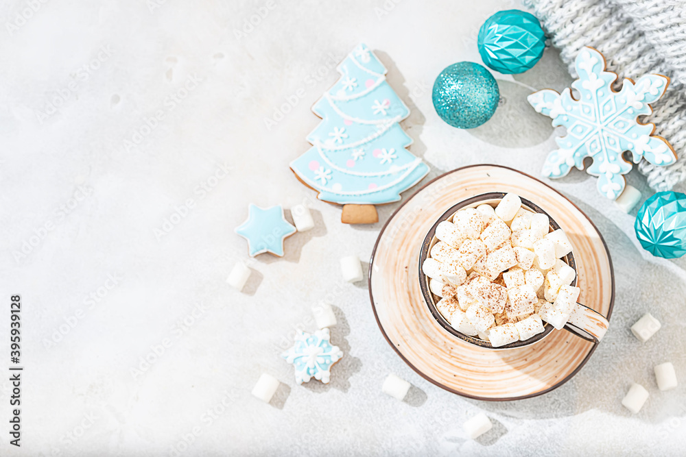 Hot winter drink. Cup of hot chocolate with marshmallows and gingerbread cookies on white background. Hot winter drink. Cup of hot chocolate with marshmallows and gingerbread cookies on white background.
