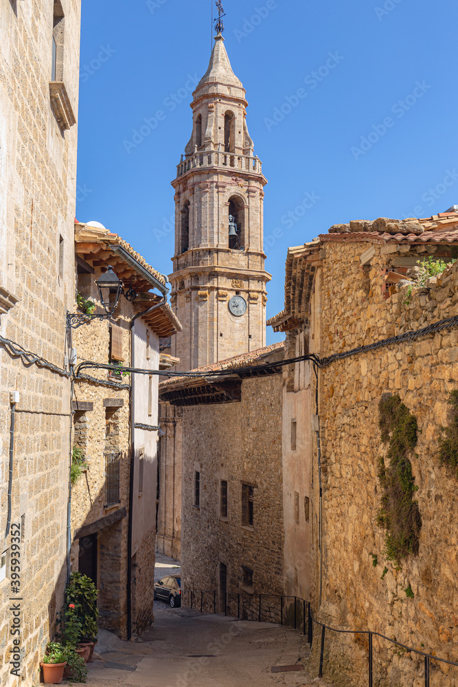 Streets and Church of Tronchon, a small Village in Teruel, Spain