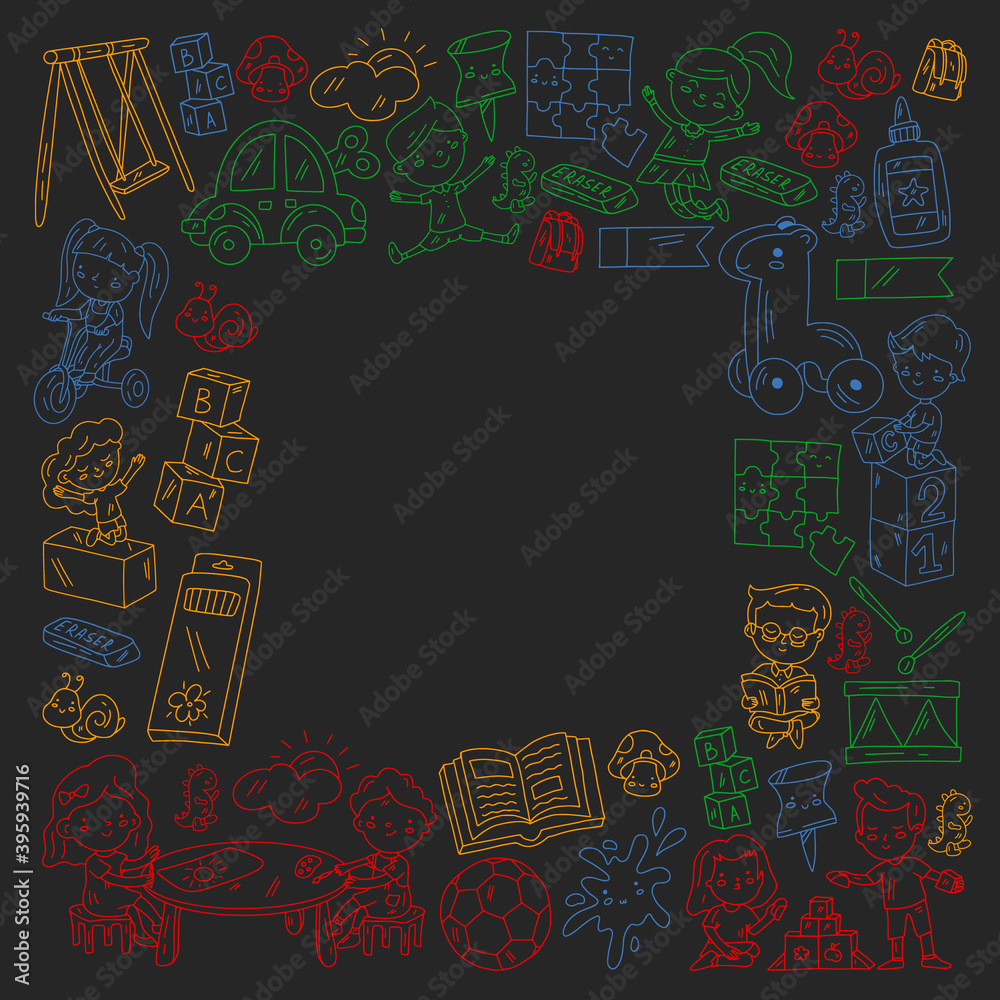 Children play with toys in the kindergarten. Kids playground. Education, creativity, imagination. Children play with toys in the kindergarten. Kids playground. Education, creativity, imagination.