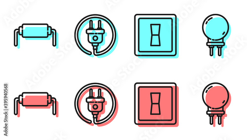 Set line Electric light switch, Resistor electricity, Electric plug and Light emitting diode icon. Vector.
