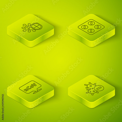 Set Isometric Pills in blister pack, Corona virus 2019-nCoV on location, Negative and Shield protecting from icon. Vector.