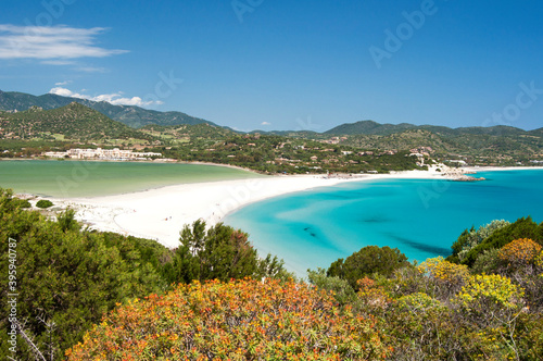 crystal clear water and white sand at Porto Giunco beach in Villasimius