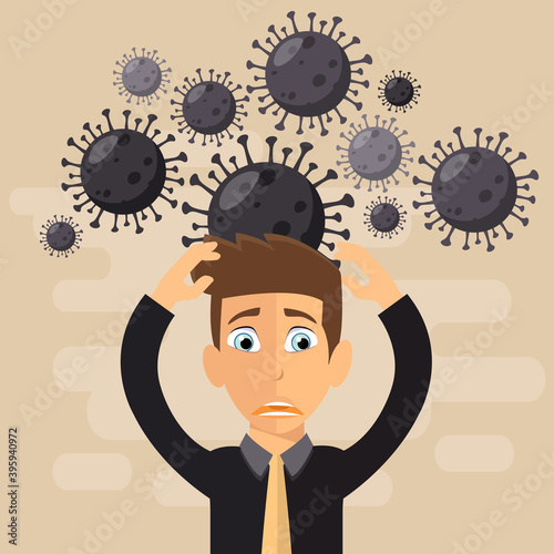 A man in a panic screams and fears around the virus fly molecules. Coronavirus concept. Stay safe concept. Covid-19 outbreak concept. Flat vector illustration