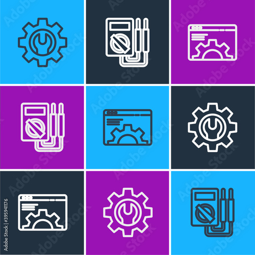 Set line Wrench spanner and gear, Browser setting and Multimeter icon. Vector.