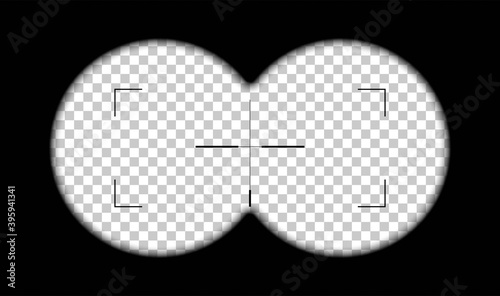 Looking in periscope or binoculars at target on black background. Sight view of lookout vector illustration. Optical crosshair zoom symbol. Optic viewfinder in action on transparent background