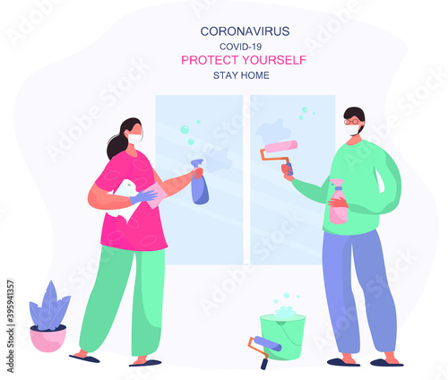Family Wash Windows at Home during Quarantine.Washing Windows at Home With Bucket,Detergent and Wet Rag.Quarantine concept.Housework,Cleaning Service Worker.Domestic Work.Flat Vector Illustration