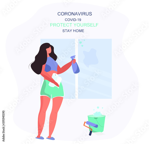 Housewife Wash Windows.Character Girl Washing Windows at Home With Bucket and Wet Rag.Household.Quarantine concept.Housework,Cleaning Service Worker.Domestic Work.Flat Vector Illustration