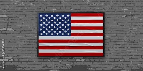 American flag glued to grey brick wall background. Realistic patriotic poster on vintage building vector illustration. Country flag with stripes and stars decoration billboard in city