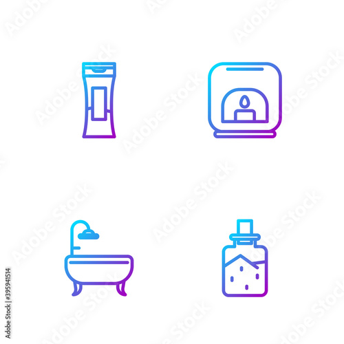Set line Spa salt, Bathtub, Bottle of shampoo and Aroma lamp. Gradient color icons. Vector.