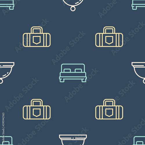 Set line Hotel service bell, Suitcase and Big bed on seamless pattern. Vector.