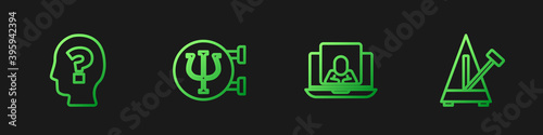 Set line Psychologist online, Head with question mark, Psychology, Psi and Metronome pendulum. Gradient color icons. Vector.