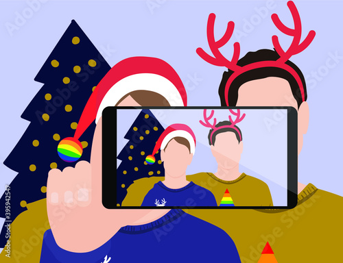 A gay couple celebrating Christmas and making selfies together. Santa Claus hat and antler hat. Hand holding smartphone. Vector illustration
