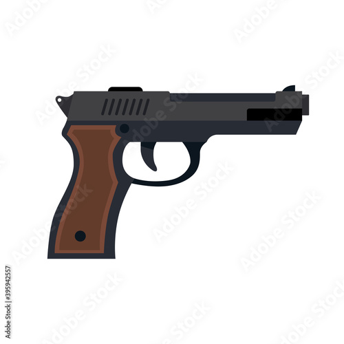 Illustration of a single police handgun and basic defending and securing equipment in white background.