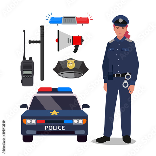 Clipart icons of main and important personal equipment of female officer in white background.