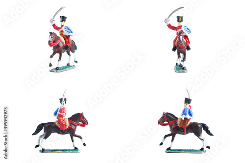 4 in 1 photo of handmade tin soldier with horse on the white background