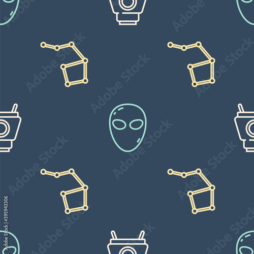 Set line Mars rover, Great Bear constellation and Alien on seamless pattern. Vector.