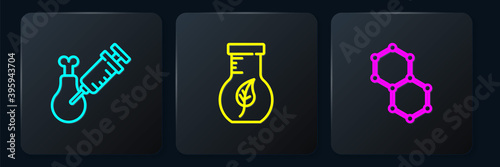 Set line Gmo research chicken, Chemical formula and Test tube and flask. Black square button. Vector.